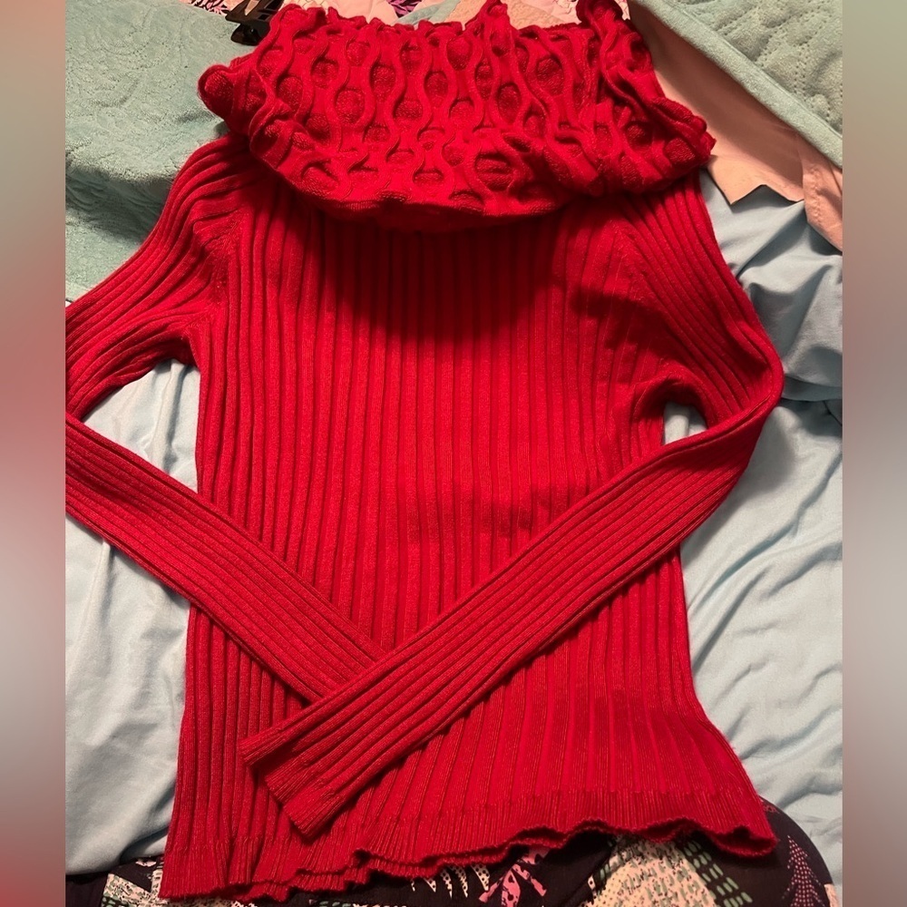 Ros & Ali Sweater women's L Red Exaggerated Cowl Neck ChunkyKnit, long‎ sleeve